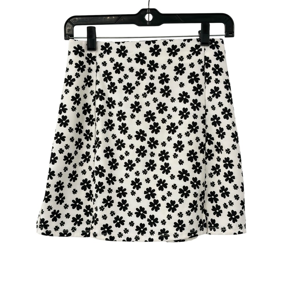 Altar'd State Womens Floral Daisy Mini Skirt Black White A-Line Double Slit Sz S